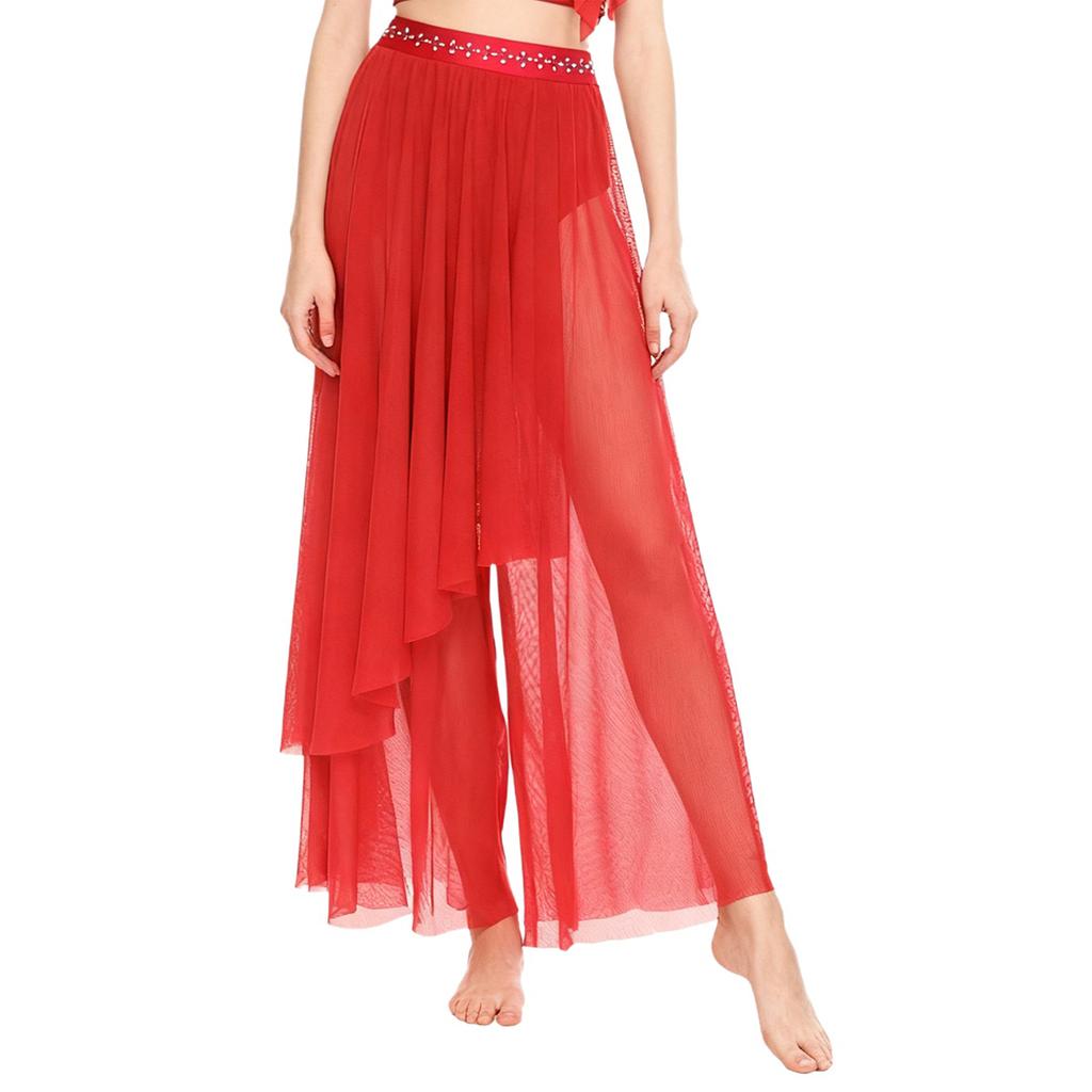 Damen Lyrical Dance Netzhose Glänzender Bund Weites Bein Unregelmäßige Überlagerung Eingearbeiteter Slip Zeitgenössische Tanzkleidung Unten