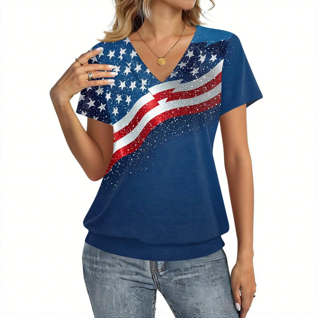 Women's Casual Short Sleeve V Neck Top with Independence Day Flag Print Lightweight Comfortable Summer Shirt for Daily Wear