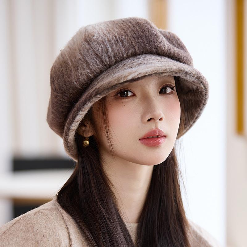 Hats for Women's Autumn and Winter Newly Thickened Tie Dye Beret Korean Face Showing Small Octagonal Hat Windproof and Warm Painter Hat