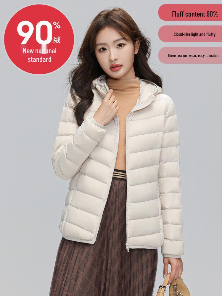 Women's Lightweight Hooded Down Jacket - 90% Down, Solid Color, Casual Warm Plus Size Coat for Autumn/Winter.