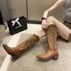 New Western Cowboy Boots Boots for Women Autumn Fashion Zip Embroidered Pointed Toe Shoes Chunky Heel Mid Calf Knight Boots