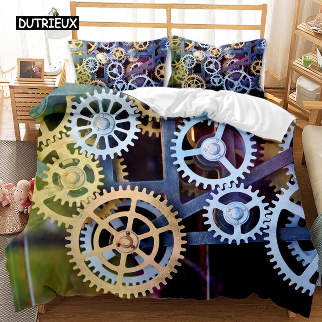 Mechanical Gear Duvet Cover Set Steampunk Style Bedding Set Clocks Polyester Comforter Cover Men Mechanical Device Bedclothes