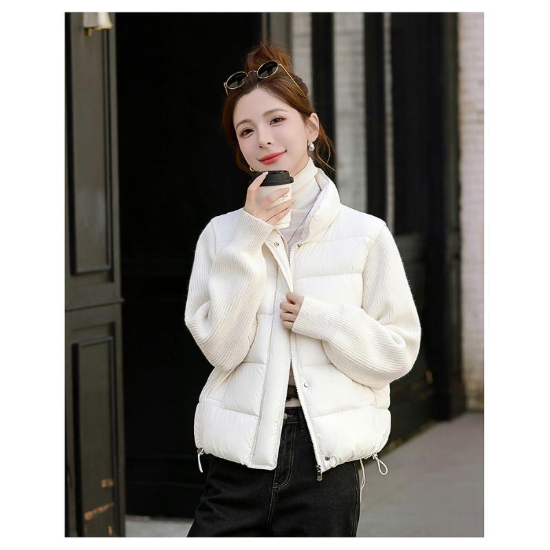 Women Short Cotton Jacket Stand Collar Long Sleeve Solid Color Casual Winter Coat