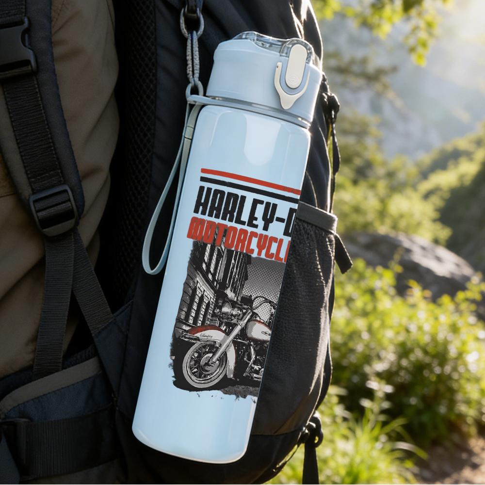 1PC Harley Davidson motorcycle graphic print 750ml colorful plastic sports water bottle leakproof pop up lid with straw for outdoor work home use