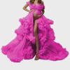 Off-Shoulder High Waist Maternity Gown with Front Slit and Puffy Tulle Skirt