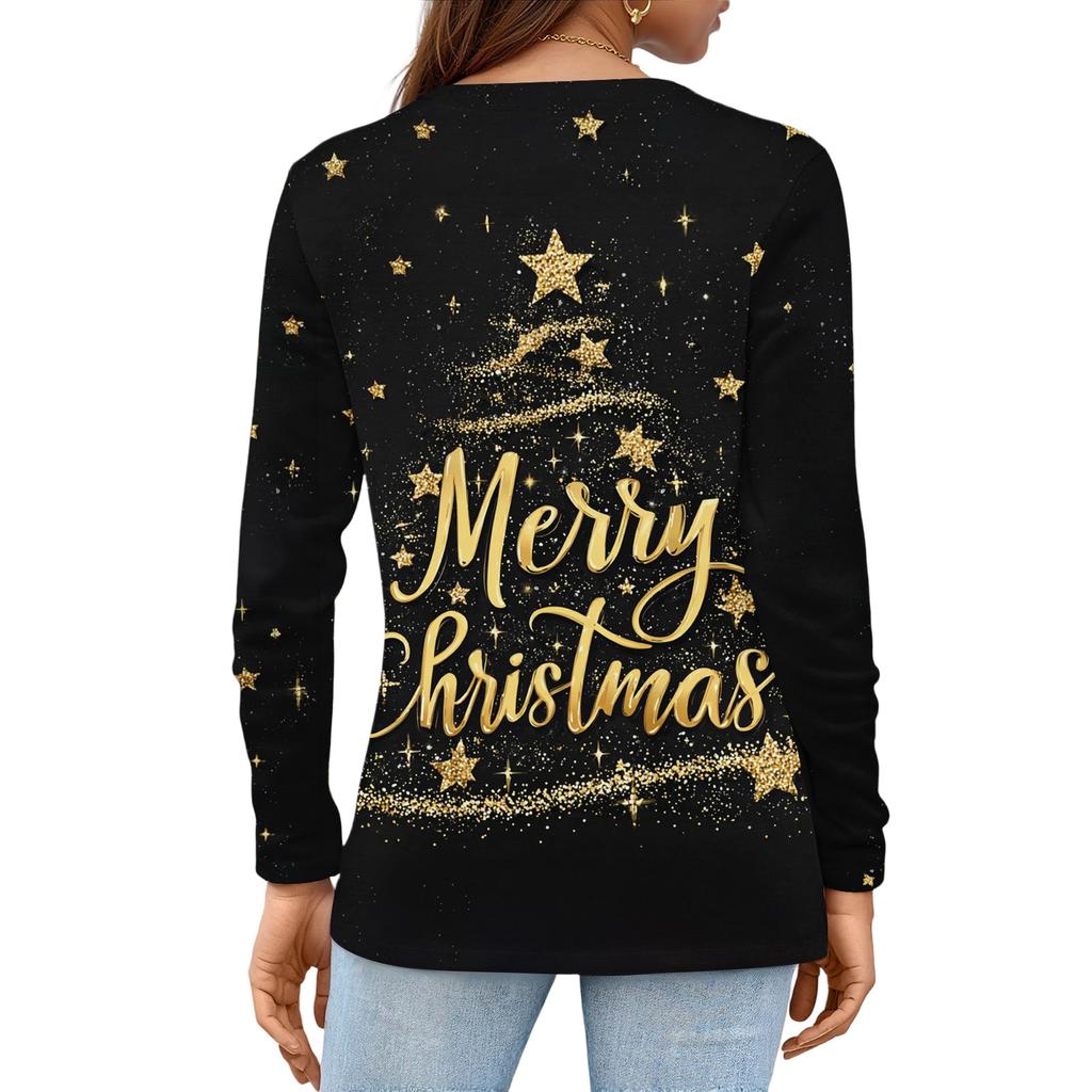 Women's Fashion Casual Slit Hem Round Neck Long Sleeve Loose Christmas Printed T-Shirt Ladies Top