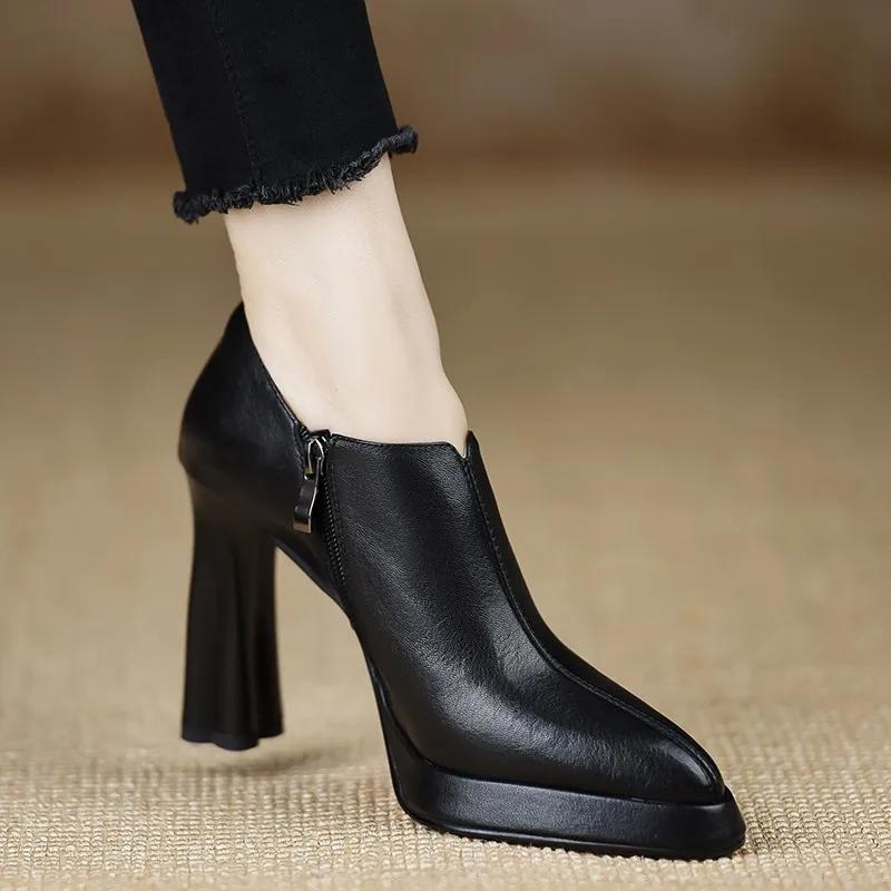 

New Soft Leather Women Ankle Boots Platform Short Booties Winter Warm Shoes Round Toe Back Zip Black Brown 35