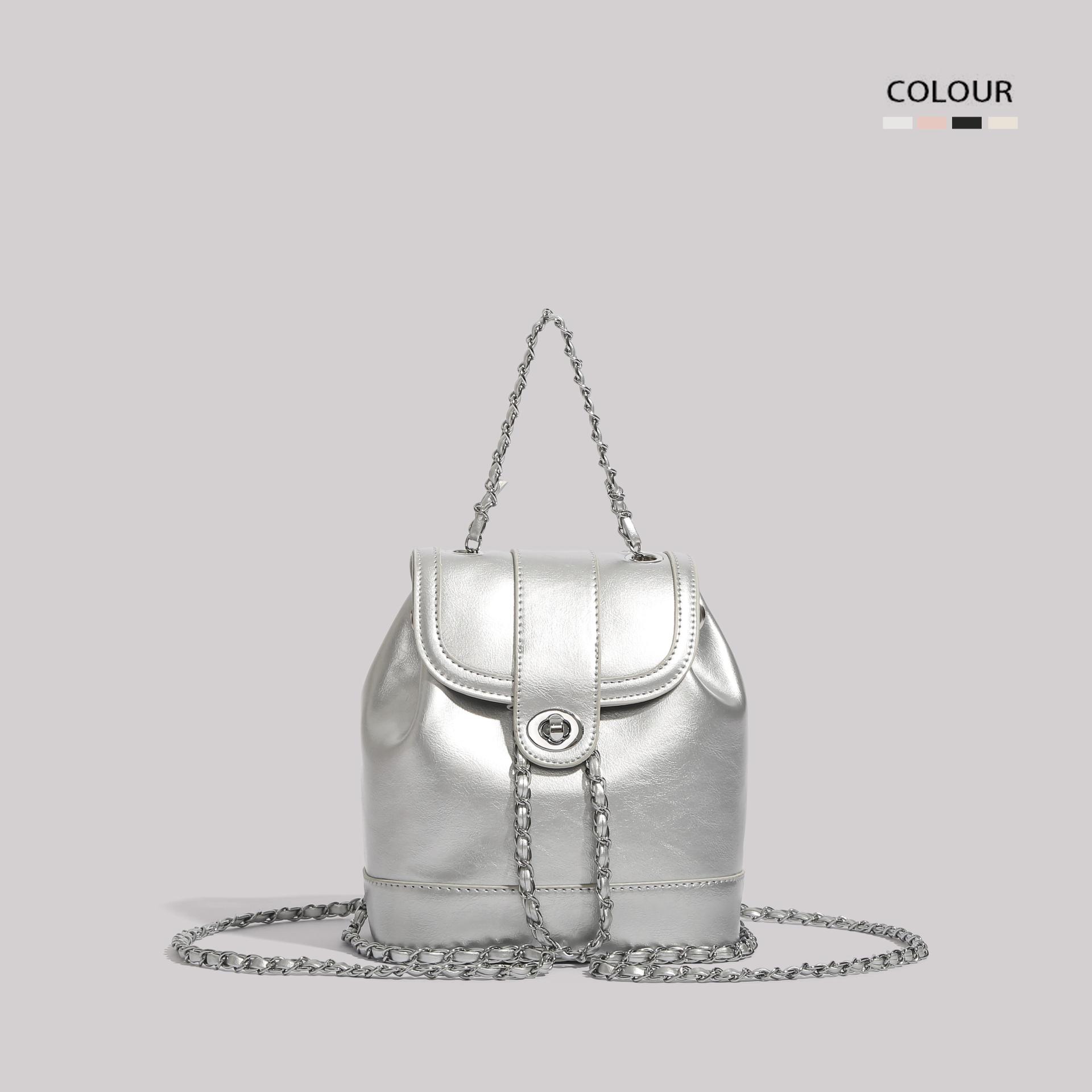 

2025 new ins style silver chain backpack women s Korean version Xiaoxiangfeng backpack fashion niche schoolbag серебряный