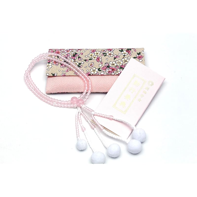 made in Japan Soka Gakkai prayer beads New member present Gonggyo 3 piece set for women prayer beads holder pink background and cherry blossoms prayer