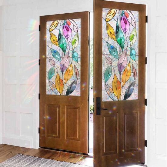 Window Privacy Film, Stained Glass Pattern Decorative Window Sticker, Rainbow Static Cling, Sun Blocking Reusable Decals for Glass Doors, Bedroom