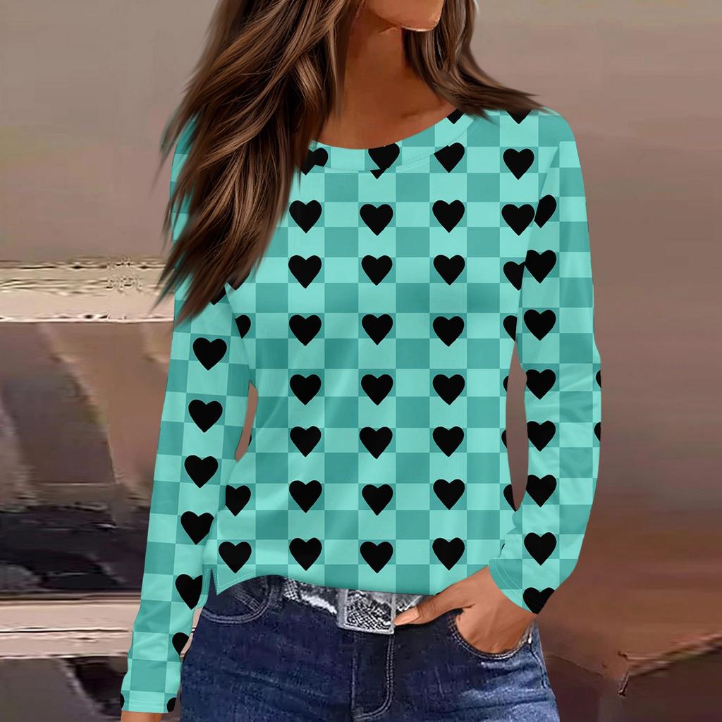 Damen Modisches Langarm-Rundhals-Oberteil mit Schlitzsaum und Valentinstag-Herzprint