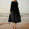 Women's Fashionable Cotton And Linen V-neck Color Long Sleeve Loose Pocket Dress