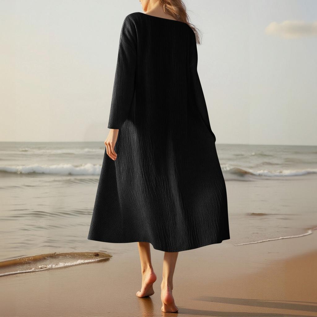Women's Fashionable Cotton And Linen V-neck Color Long Sleeve Loose Pocket Dress