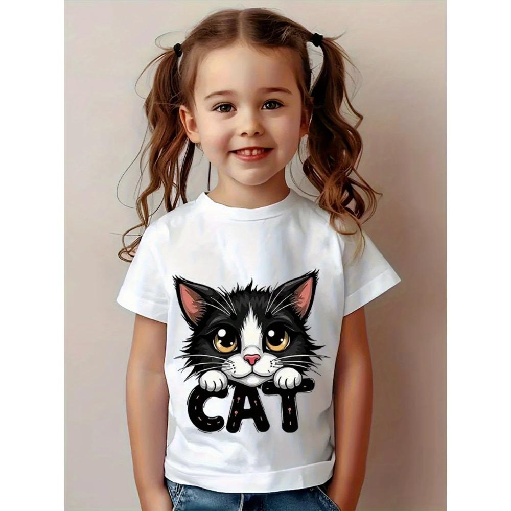 Children's Clothing Summer T-shirt Cat Print Top Casual Short Sleeved T-shirt Fashionable Girl T-shirt Round Neck Children's Clothing
