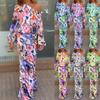 Women's Loose Two-piece Outfit Set Long Sleeve Off Shoulder Blouse High Waist Midi Skirt Vintage Geometric Print Floral Matching Suit