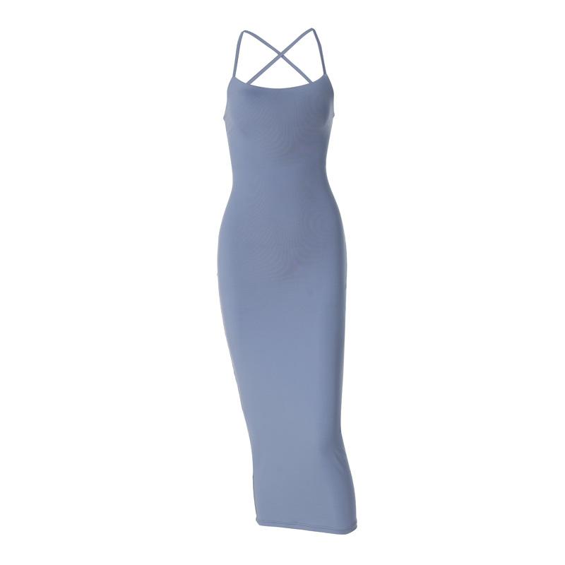 Women's 2024 Summer New Fashion and Sexy Backless Strap Slim Fit Solid Color Dress