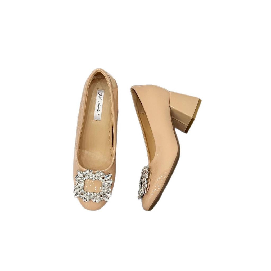 Women's Rhinestone Buckle Chunky Heel Patent Leather Shoes - 2025 Early Spring Collection