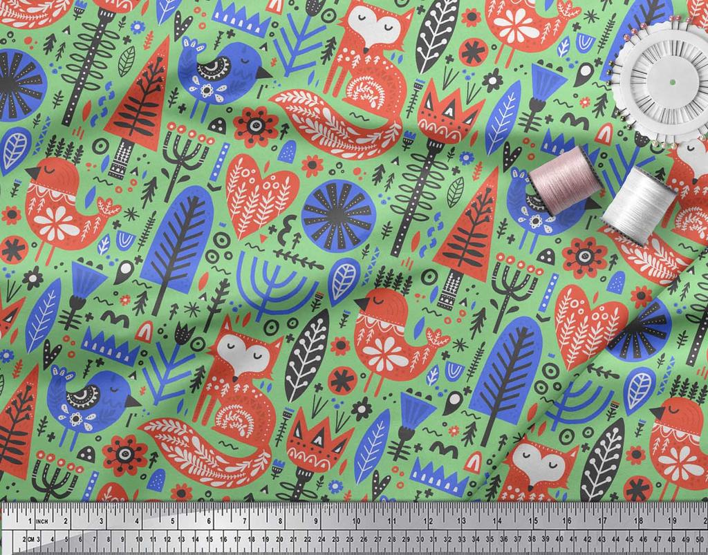 Soimoi Beige Poly Crepe Fabric Tree & Fox Folk Art Fabric Prints By Metre 42 Inch