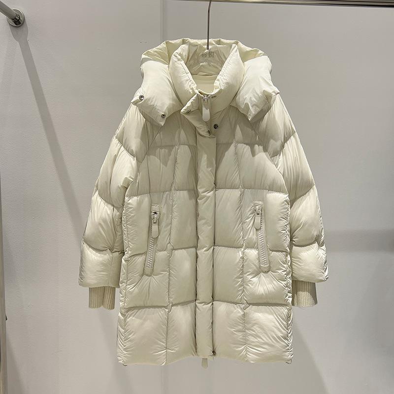 Winter New Thickened White Duck Down Light Luxury Warm Fashion Medium and Long Hooded Loose Down Jacket Women's Coat