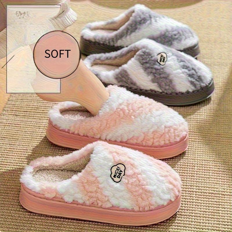 Women's Winter Plush Slip-On Slippers with Thick Sole Striped Pattern Cozy Indoor Footwear