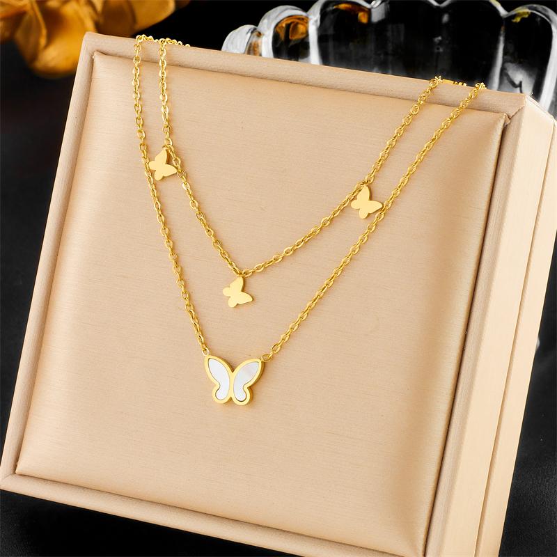 DIEYURO 316L Stainless Steel Lovely Butterfly Pendant Necklace For Women Fashion Double Layer Neck Chain Jewelry Gift Bijoux