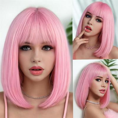Short Bob Pink Cosplay Wig with Bangs Synthetic Straight Wigs for Women Wig Hair Natural Stylish Suitable for Costume Wigs