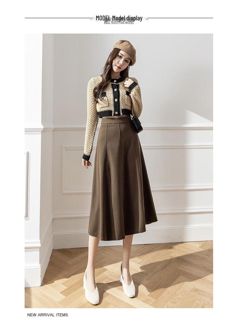 Women's 2024 Autumn/Winter Wool Blend A-Line Midi Skirt: Patchwork Design, Large Swing, Hip-Hugging, Draped Umbrella Style