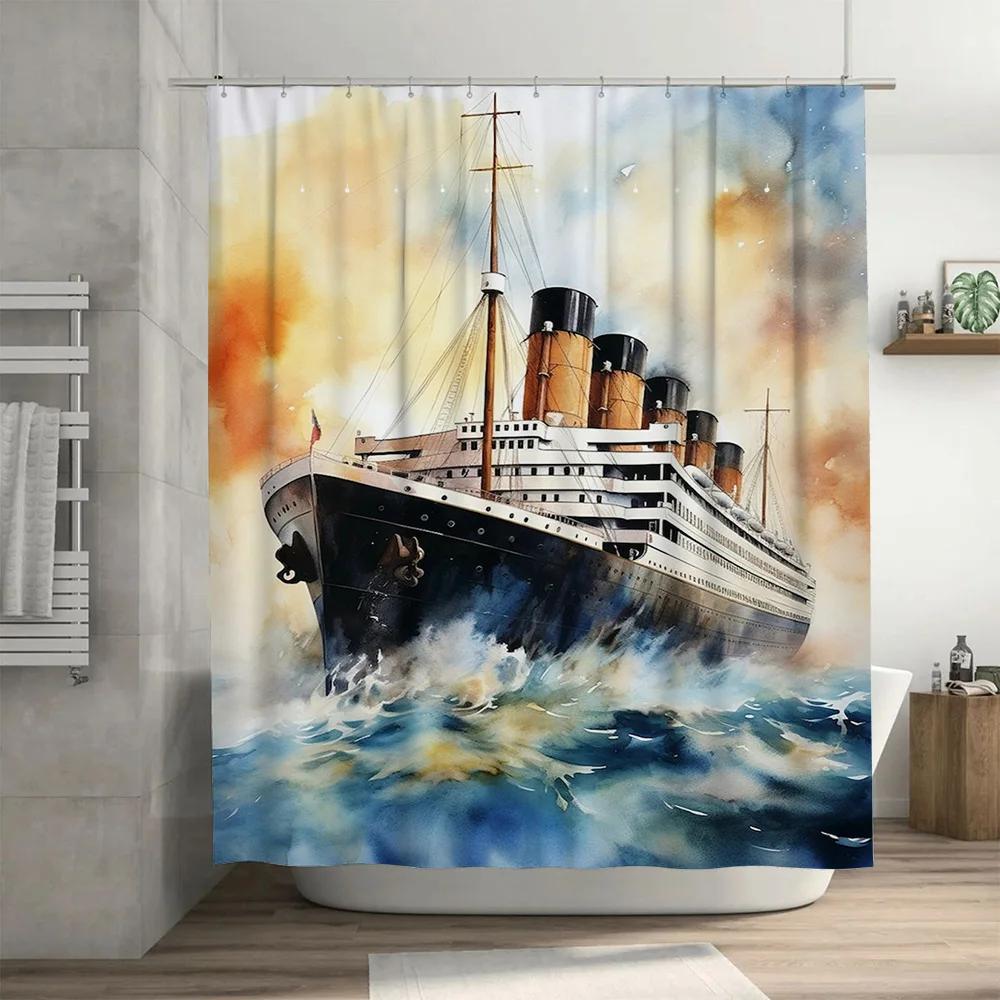 Decorative Shower CurtainTitanic Ship Design for Bathroom Decor Waterproof Fabric with Hook Rings (Blue/White)