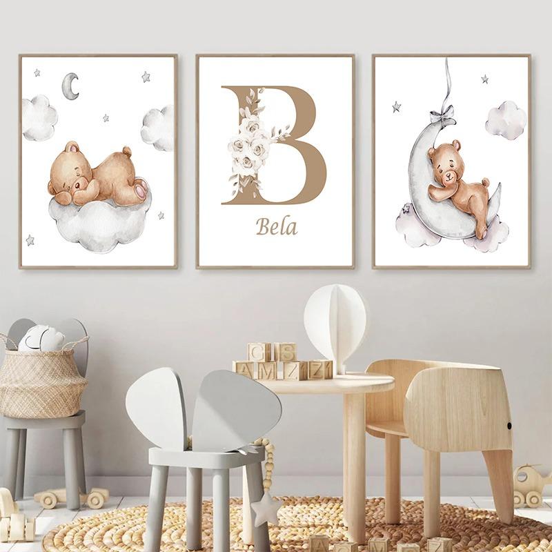 Customize Baby Name Posters Boho Bear Rainbow Sun Wall Art Nursery Canvas Painting and Prints Pictures for Kids Bedroom Decor