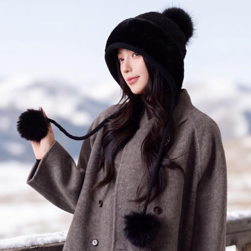 Winter Thickened Warm Ear Cap Women's Plush Big Hairball Knitted Hat Outdoor Windproof and Cold-proof Plush Hat