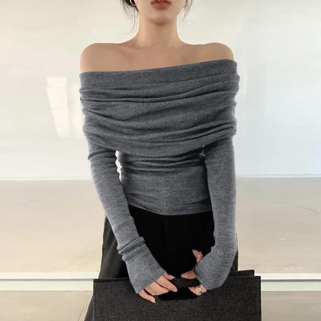 Damen-Strickpullover mit French Line-Schulter, schmaler Passform, schulterfrei, langen Ärmeln, einfarbig