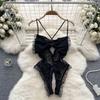 See-through Sexy Camisole Bodysuits Women Big Bow Hollow Out Open Crotch Skinny Playsuit Lace Rompers Backless Solid Sleeveless
