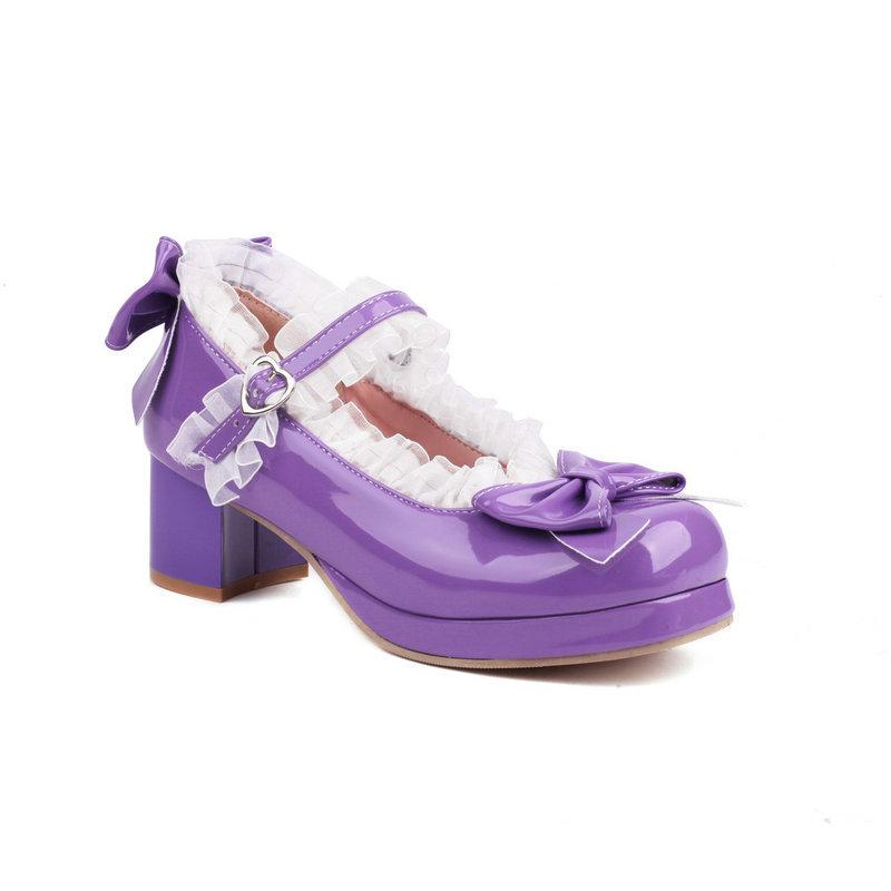 Girls High Heels Woman Heel Lolita Shoes Patent Leather Bow Mary Jane Pumps Women Wedding Cosplay Party Shoe Red Pink Black30-43