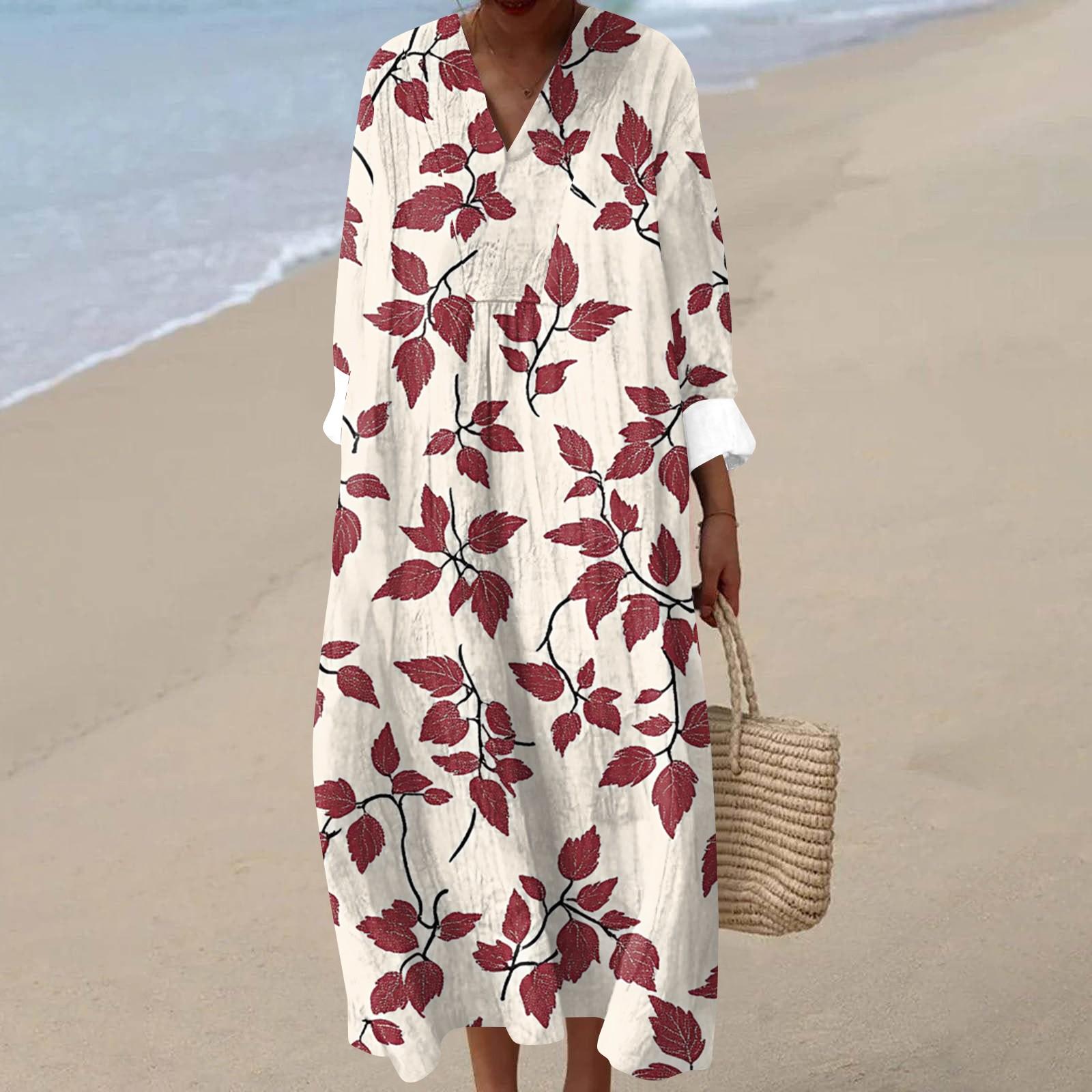 

Женское повседневное модное платье макси с V-образным вырезом и длинными рукавами с цветочным принтом S красный