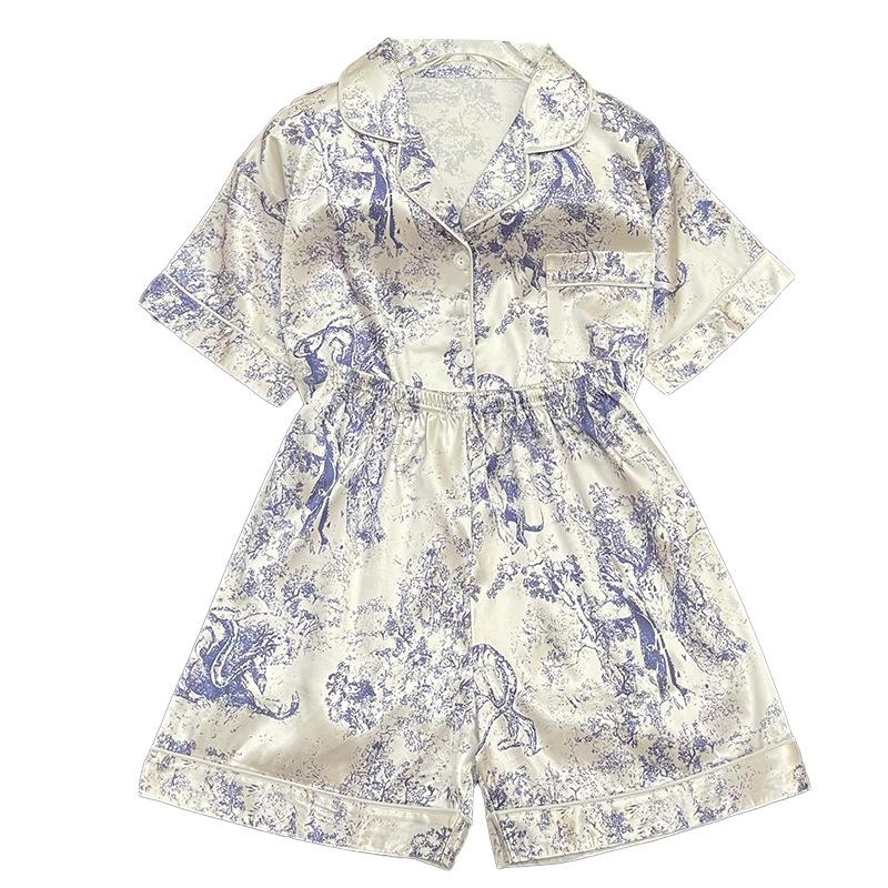 Luxuriöser Sommer-Pyjama mit Tinte gefärbter Landschaft für Damen, kurzärmeliges Oberteil und Shorts, Damen-Loungewear