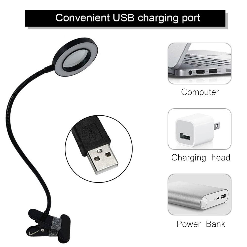 5X LEDs Clip On Desk Lamp 360 Flexible Gooseneck Reading Table Light Eye-Caring USB Nail Beauty Light Adjustable 3 Level