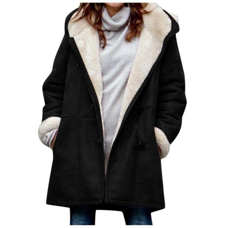 Winter Women's Coat Medium Long Hooded Casual Button Cardigan Warm Solid Color Simple Original Style