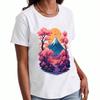 Damski bawełniany T-shirt Mount Cherry Blossom, Nadruk wysokiej jakości bawełny, Trwały, Codzienna moda. Z malowniczym japońskim szczytem i delikatnymi wiśniami