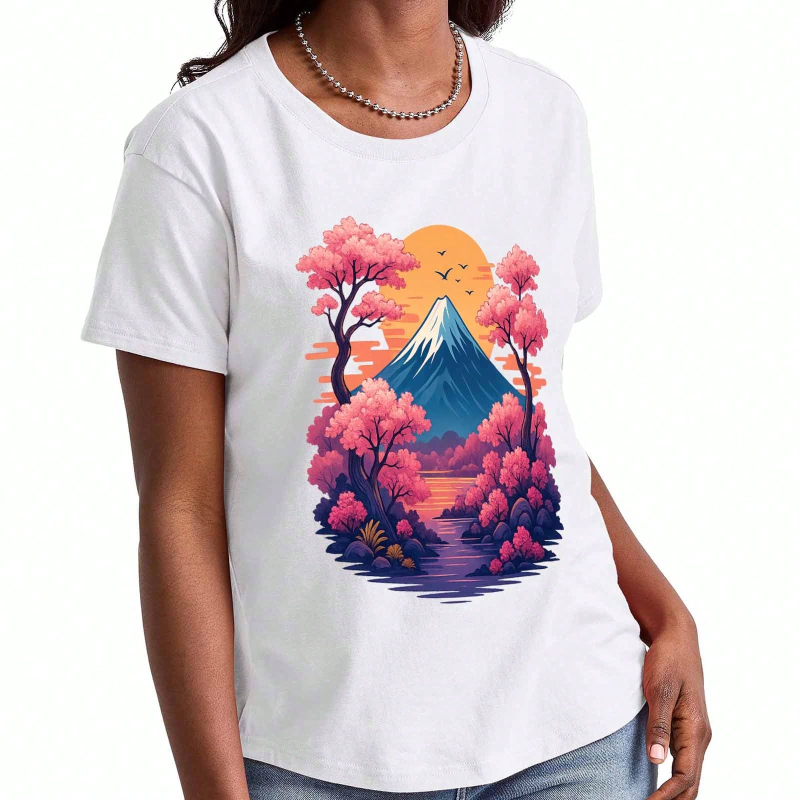 Mount  Cherry Blossom Ladies Cotton T Shirt, Premium Cotton Quality Print, Durable, Casual Fashion. Featuring Scenic Japanese Mt  And Delicate Cherry S разноцветный