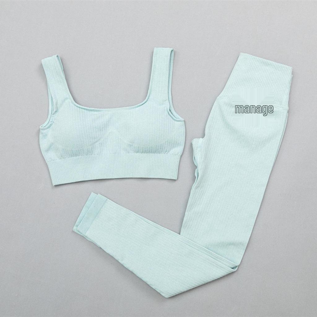 Women's Solid Color Seamless Ribbed Sports Bra and High Elastic Yoga Set