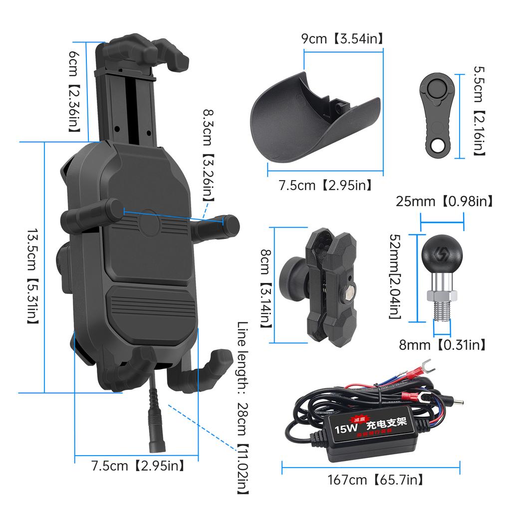 Ball Head Model, Motorcycle Phone Holder, 15W Wireless Fast Charging Phone Holder, Rain Proof and Anti-shake Takeaway Navigation Holder