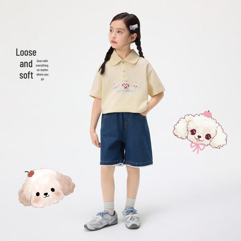 Girls' Casual Puppy Print Turn-Down Collar T-Shirt