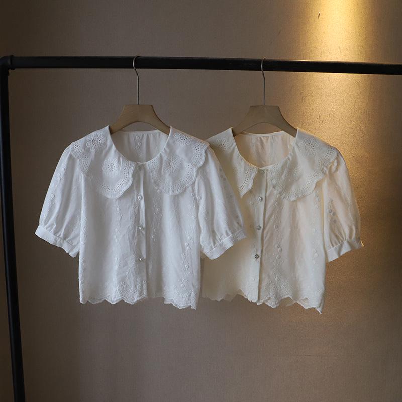 2025 Summer Korean Style Peter Pan Collar Jacquard Puff Sleeve Women's Shirt