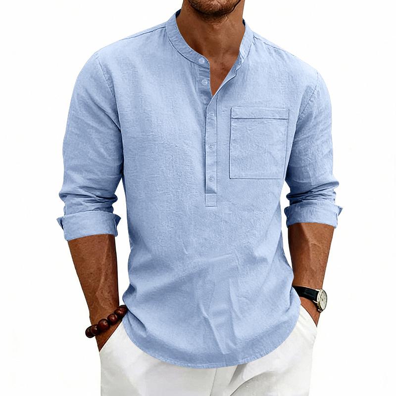Men Casual Simple Solid Stand Collar Long Sleeve Linen Shirt S синий