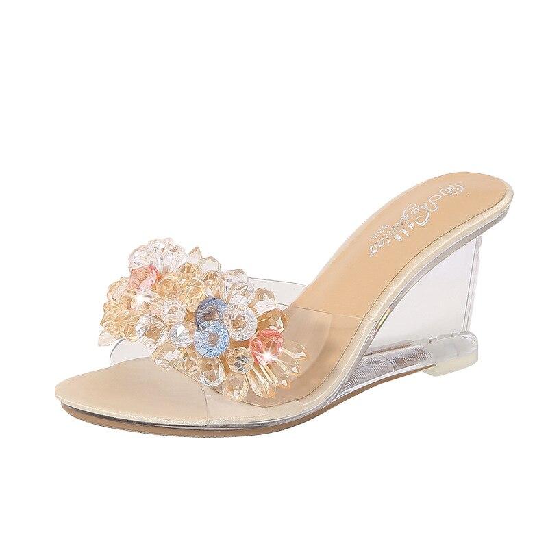 

Женские летние новые пикантные прозрачные туфли на высоком каблуке со стразами, тапочки на наклонном каблуке, серия 1098, туфли на высоком каблуке 6 см, LFD 40 абрикосовый