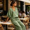 Yousheng Women's Casual 2 Piece Lounge Sets Puff Half Sleeve V Neck Top And Wide Leg Pants Travel Vacation Outfits with