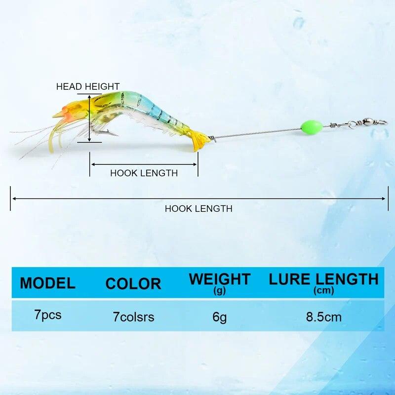 7PCS/Lot Shrimp Soft Fishing Lure 9cm/6g Artificial Bait With Luminous Bead Swivels Hook Lifelike Shrimp Lure Carp Fishing Bait