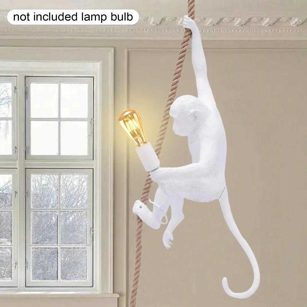 Bymaocar White Vintage Resin Monkey Pendant Light, Vintage 8.2ft Long Hemp Rope Pendant Lamp Lighting Fixture E27 for Bar / Cafe