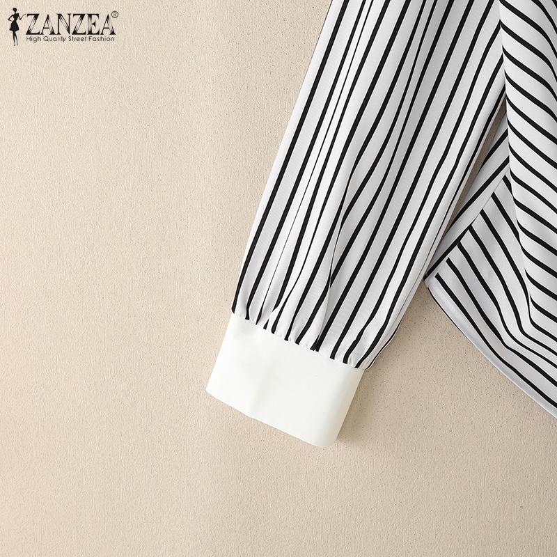 ZANZEA Blouse Décontractée Femme Col V Manches Longues Imprimé Rayures Lacée