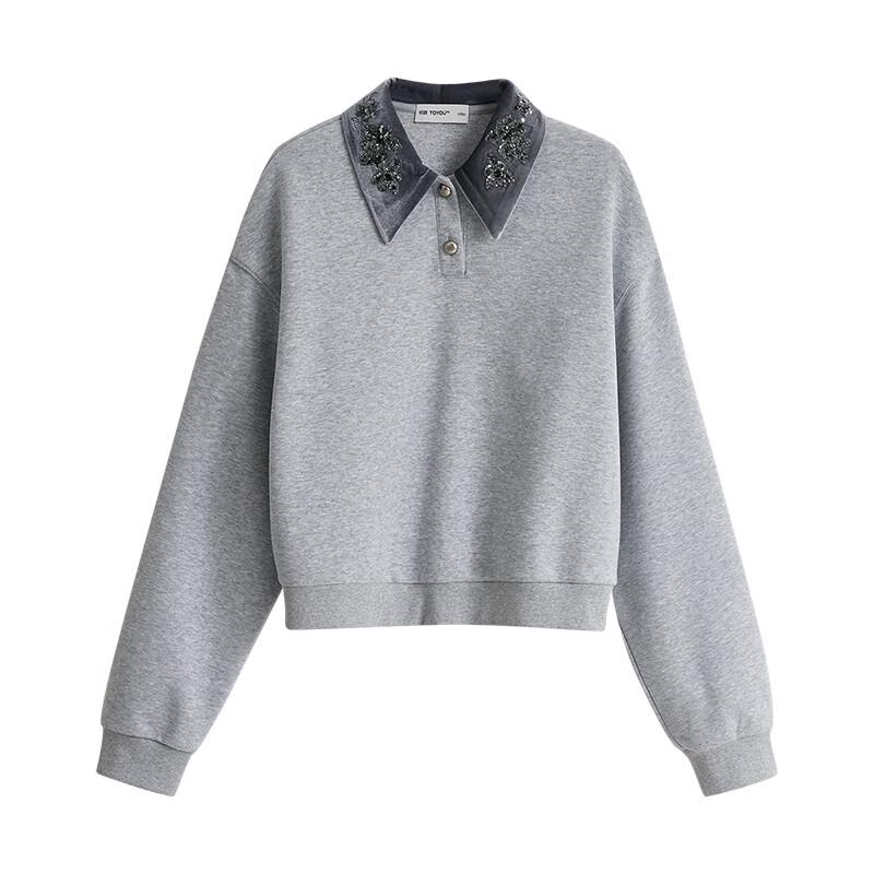 Women's Sequin Embroidered Polo Collar Short Sweatshirt